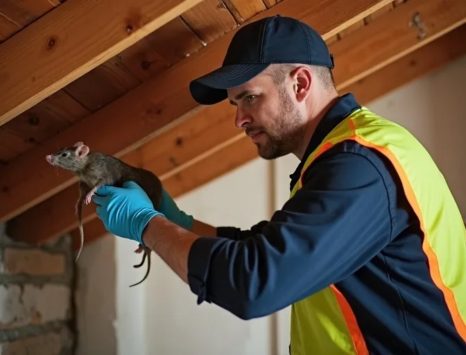 Technician inspecting a roof cavity for a dead rat in Sydenham
